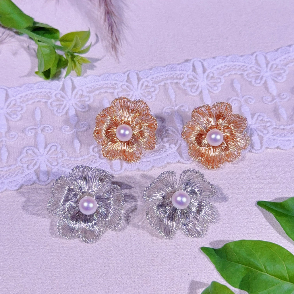 Handmade Wire Crochet Four Leaf Clover Pearl Stud Earrings Gold Silver Botanical Jewelry Artisan