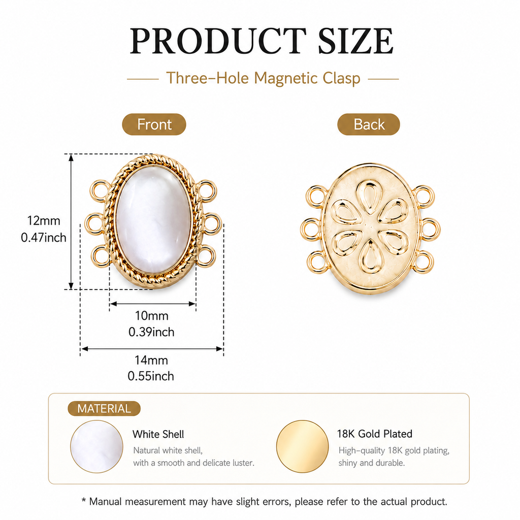 Three Hole Magnetic Clasp White Shell 18K Gold Plated Multi Strand Jewelry Connector Finding