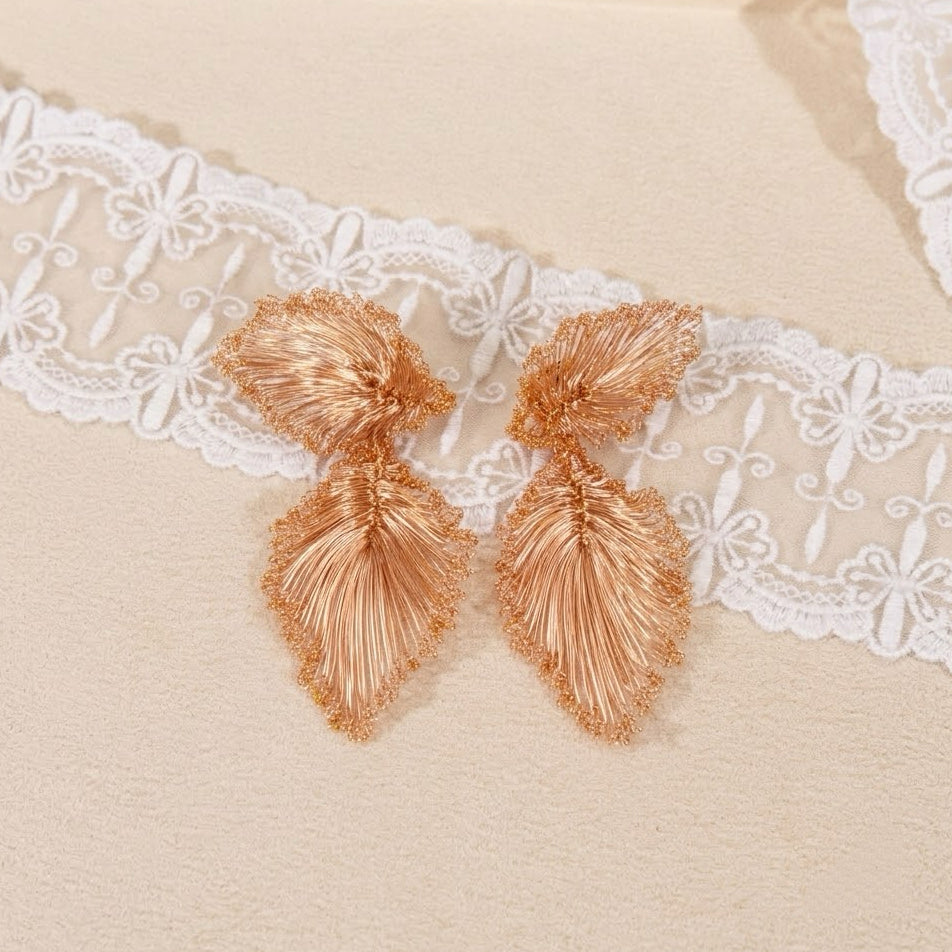 Handmade Wire Crochet Leaf Statement Drop Earrings Gold Silver Botanical Bridal Lightweight Artisan Jewelry