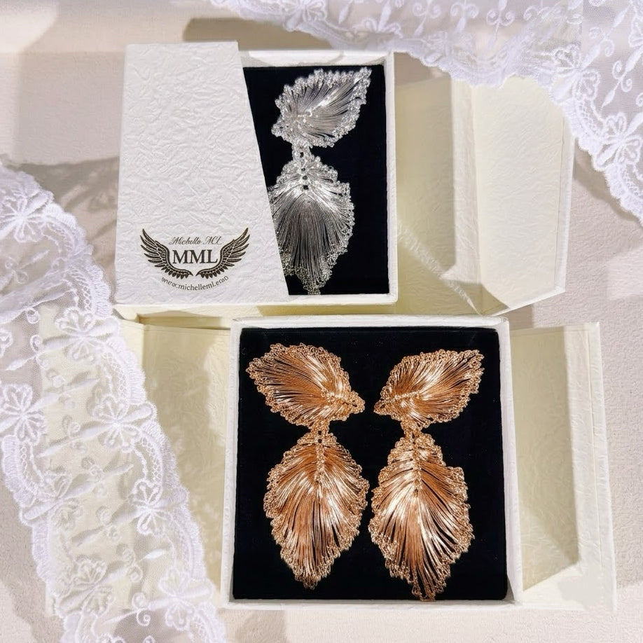 Handmade Wire Crochet Leaf Statement Drop Earrings Gold Silver Botanical Bridal Lightweight Artisan Jewelry