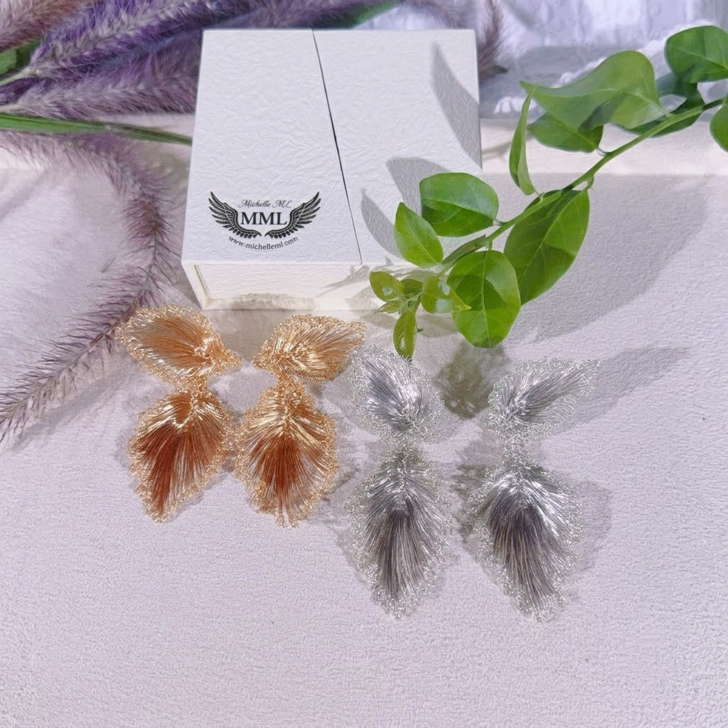 Handmade Wire Crochet Leaf Statement Drop Earrings Gold Silver Botanical Bridal Lightweight Artisan Jewelry
