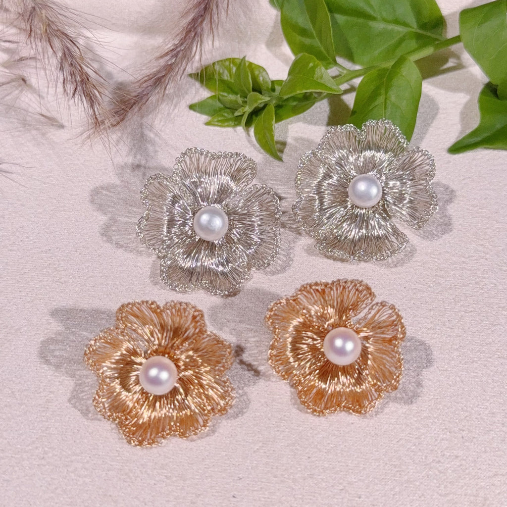 Handmade Wire Crochet Four Leaf Clover Pearl Stud Earrings Gold Silver Botanical Jewelry Artisan
