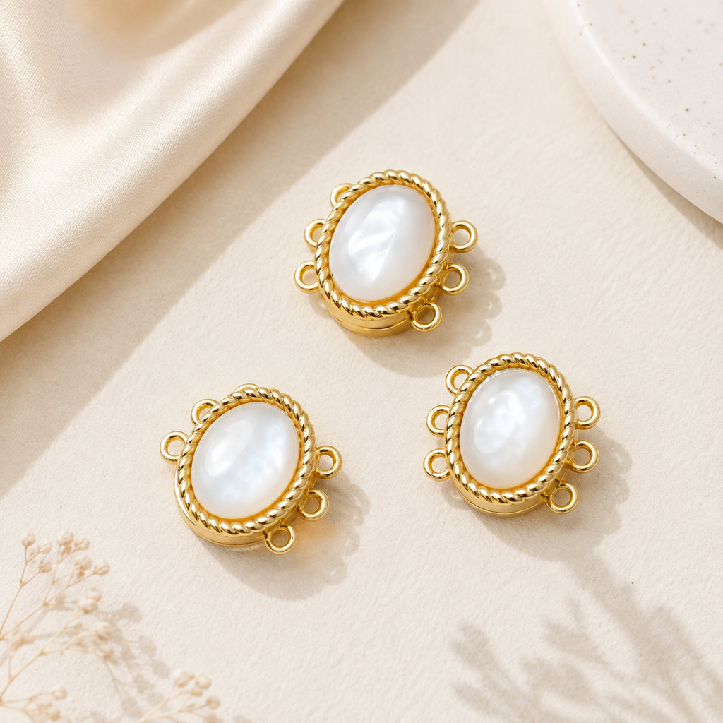 Three Hole Magnetic Clasp White Shell 18K Gold Plated Multi Strand Jewelry Connector Finding