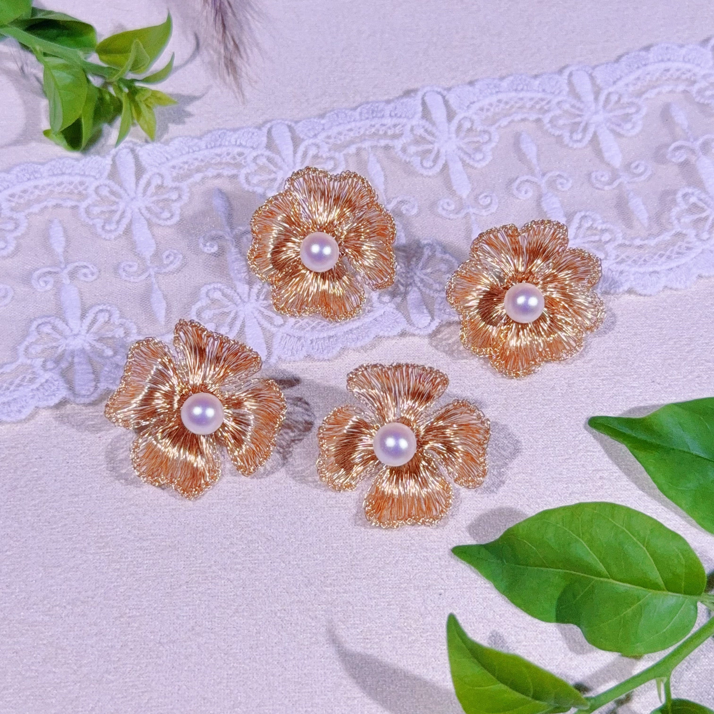 Handmade Wire Crochet Four Leaf Clover Pearl Stud Earrings Gold Silver Botanical Jewelry Artisan
