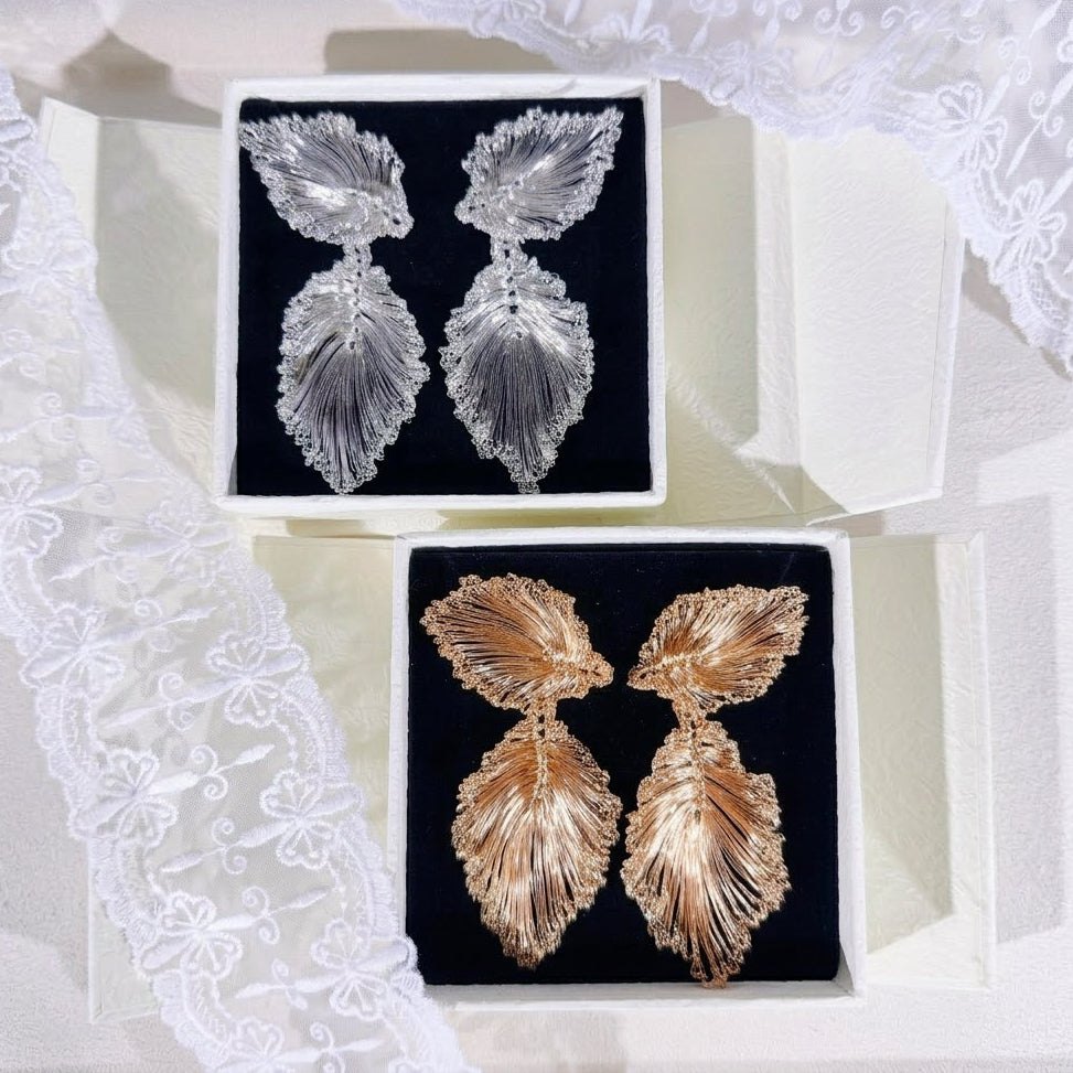 Handmade Wire Crochet Leaf Statement Drop Earrings Gold Silver Botanical Bridal Lightweight Artisan Jewelry