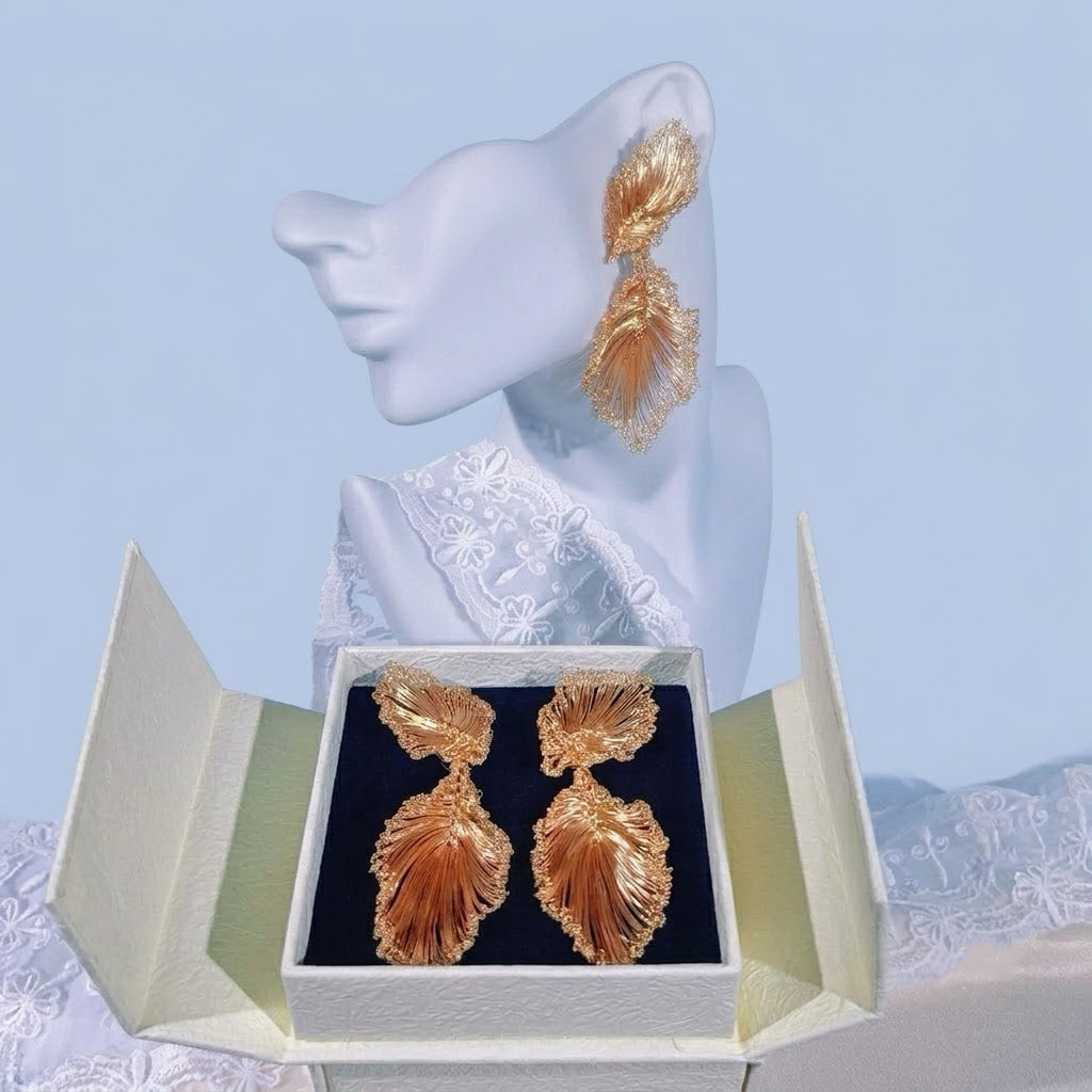 Handmade Wire Crochet Leaf Statement Drop Earrings Gold Silver Botanical Bridal Lightweight Artisan Jewelry