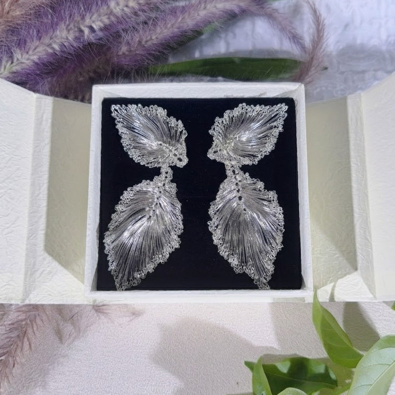 Handmade Wire Crochet Leaf Statement Drop Earrings Gold Silver Botanical Bridal Lightweight Artisan Jewelry