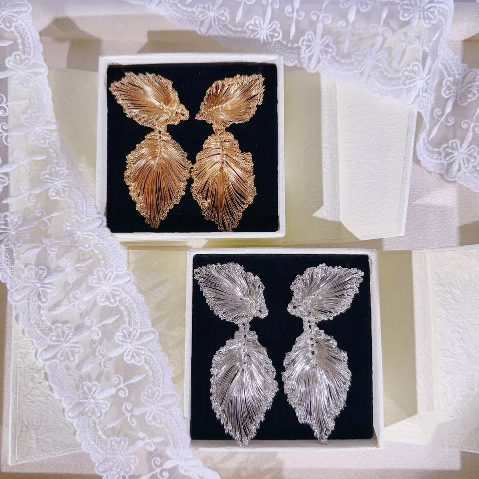 Handmade Wire Crochet Leaf Statement Drop Earrings Gold Silver Botanical Bridal Lightweight Artisan Jewelry