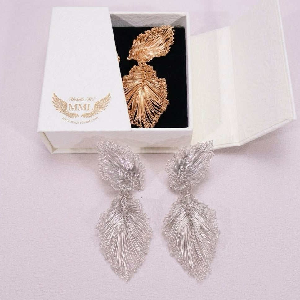 Handmade Wire Crochet Leaf Statement Drop Earrings Gold Silver Botanical Bridal Lightweight Artisan Jewelry