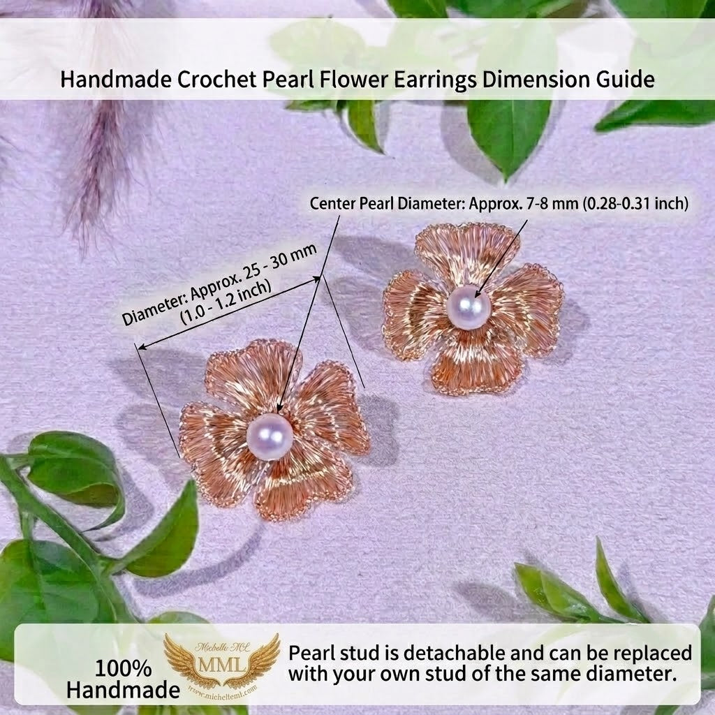 Handmade Wire Crochet Four Leaf Clover Pearl Stud Earrings Gold Silver Botanical Jewelry Artisan